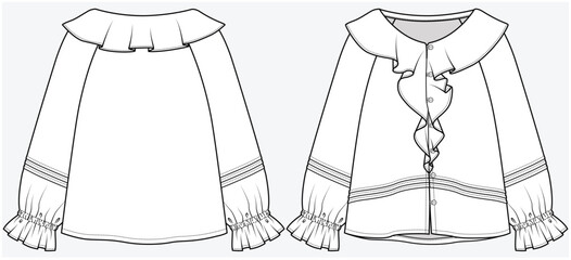 FULL SLEEVES WOVEN TOP WITH CASCADE DETAIL DESIGNED FOR TEEN AND KID GIRLS IN VECTOR ILLUSTRATION FILE © JUSTDZINE