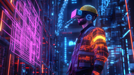 Construction worker employs VR technology to enhance safety and efficiency in a futuristic environment