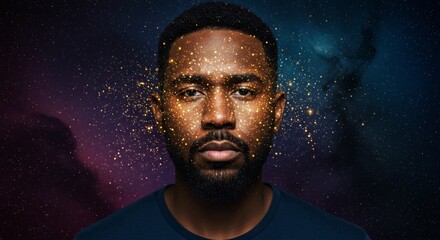 Man's face covered obstructed and surrounded by Outer Space Stars, expressive science astronomy concept
