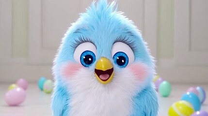 Fototapeta premium Blue Bird Smiling With Pink Cheeks Surrounded By Colorful Easter Eggs on Light Background.