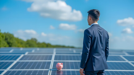 Businessman in Suit Stands Before Solar Panels with Savings Piggy Bank Under Blue Sky and Clouds Emphasizing Sustainable Energy and Financial Planning