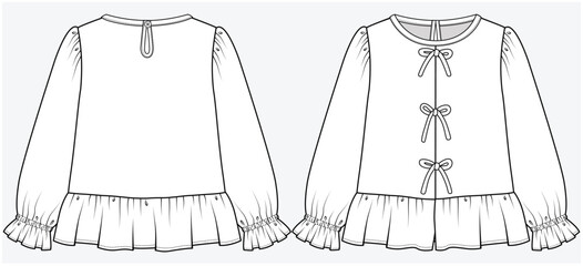 FULL SLEEVES WOVEN TOP WITH FRILL AND CUTE BOW DETAIL DESIGNED FOR TEEN AND KID GIRLS IN VECTOR ILLUSTRATION FILE