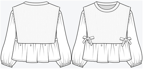 FULL SLEEVES WOVEN PEPLUM TOP WITH KNIT VEST DETAIL DESIGNED FOR TEEN AND KID GIRLS IN VECTOR ILLUSTRATION FILE