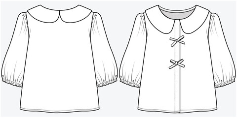 ELBOW SLEEVES WOVEN TOP WITH PETER PAN COLLAR AND CUTE BOW DETAIL DESIGNED FOR TEEN AND KID GIRLS IN VECTOR ILLUSTRATION FILE