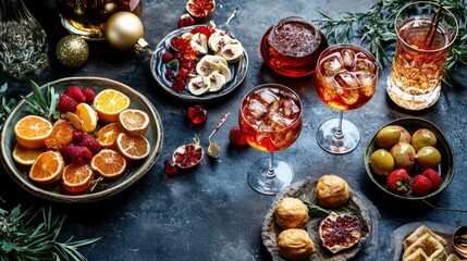 A table with a variety of food and drinks, including fruit, wine, and desserts