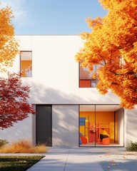 This modern house has a vibrant play area, surrounded by colorful autumn trees for a lively vibe