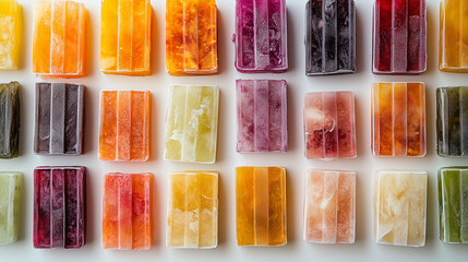 Colorful frozen popsicles arranged in a grid pattern on a white background, vibrant and refreshing fruit flavors