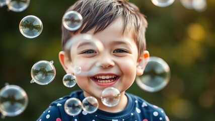 Young child, aged three, smiling with glee as he plays with a large cluster of foam bubbles in an outdoor setting, fun, happiness, enjoyment