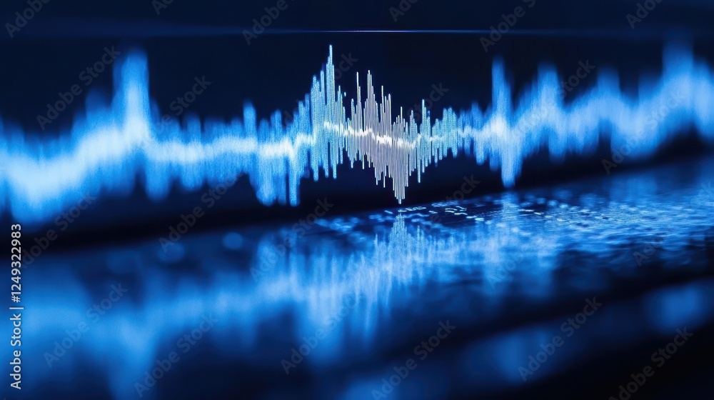 Poster audio waveform on screen, digital data reflection, technology concept, website banner