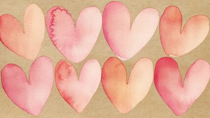 Fototapeta premium Soft watercolor hearts in shades of pink and red create a romantic and cheerful pattern on a textured background.