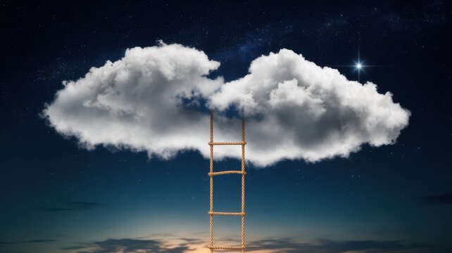 A whimsical scene featuring a wooden ladder leading to fluffy clouds against a starry night sky, evoking feelings of aspiration and dreams.