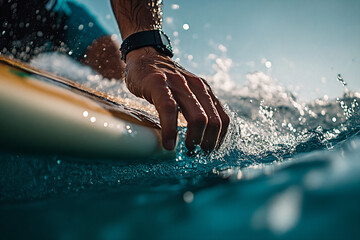 Close-up of a surfer's hands on a surfboard holding the edge of a wooden surfboard while riding on crystal clear water with waves, taken from behind at an angle.
