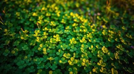 Vibrant shamrock clovers cover the ground in a lively green expanse, capturing the festive spirit of St. Patrick&rsquo;s Day as sunlight dances on their leaves