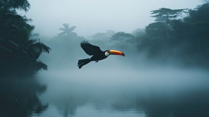 Vibrant toucan in flight over misty rainforest lake, surrounded by lush greenery and fog