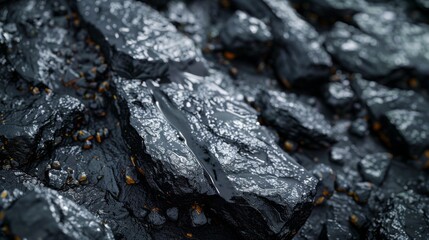 Numerous dark, shiny rocks lie together, glistening with moisture, reflecting light under overcast skies, creating a dramatic coastal landscape.