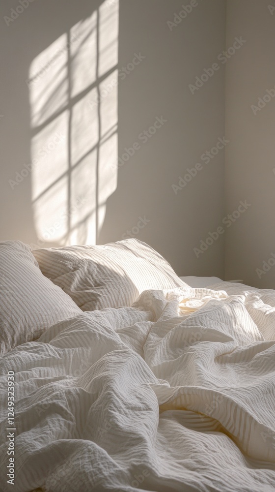 Poster gentle shadows fall across wrinkled striped sheets on an unmade bed, complemented by soft morning li