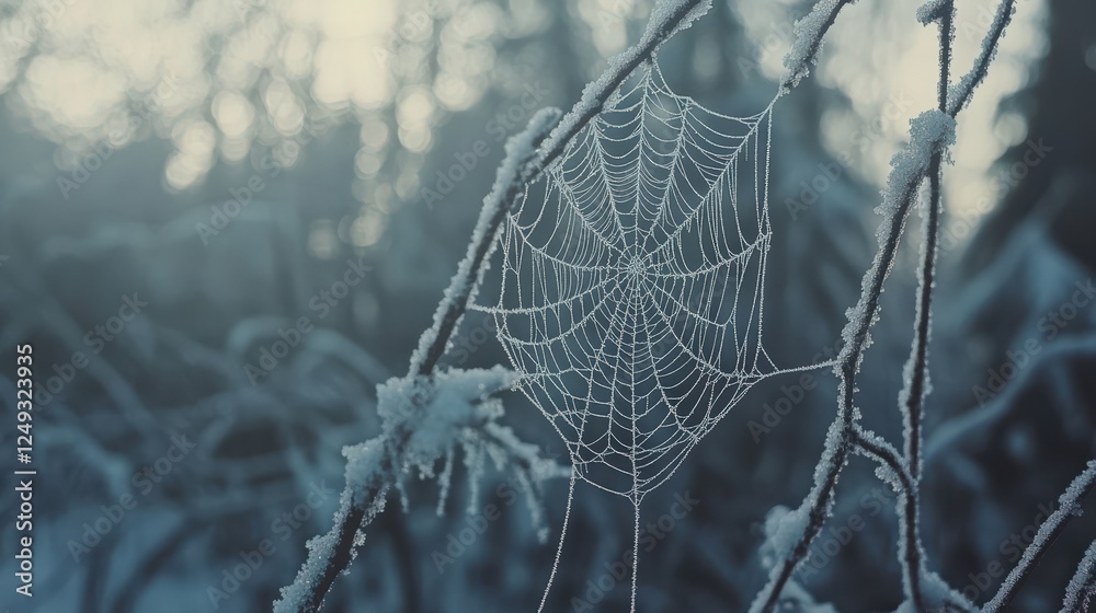Wall mural a spider web is covered in snow and is hanging from a tree branch