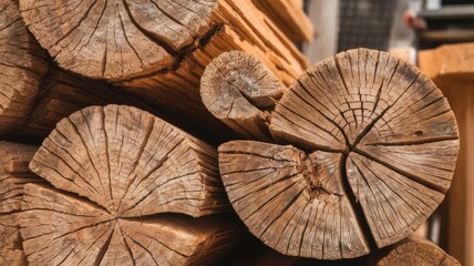 Naklejka premium Close-up of a stack of weathered, circular wooden logs with detailed grain patterns, showcasing natural textures and earthy colors.