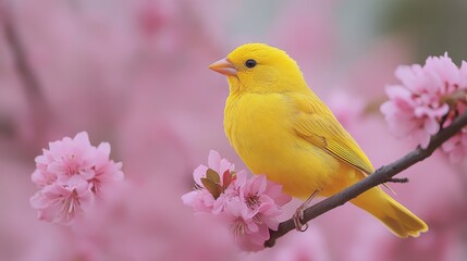 Yellow bird perched on pink blossoms, spring garden background, nature photography
