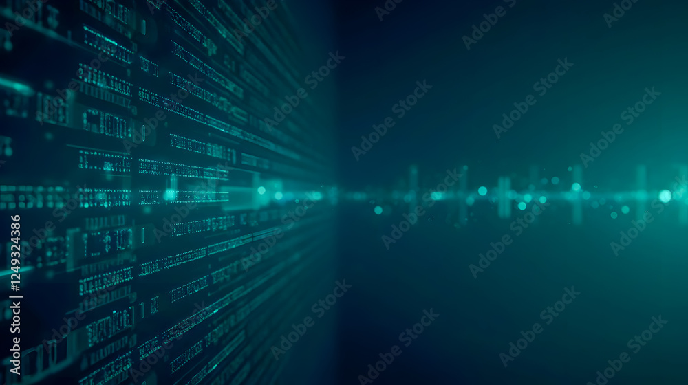 Poster abstract digital background featuring glowing data streams and binary code in shades of blue and gre