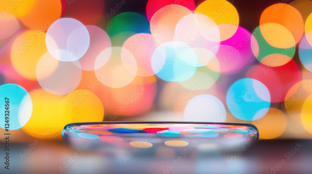 Poster bright, colorful bokeh lights create vibrant background for glass dish, enhancing visual appeal and 
