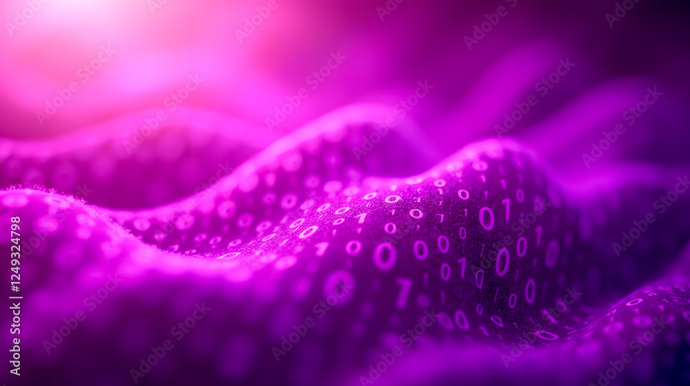 Poster abstract representation of digital data flowing in deep purple tones as binary code on soft fabric, 