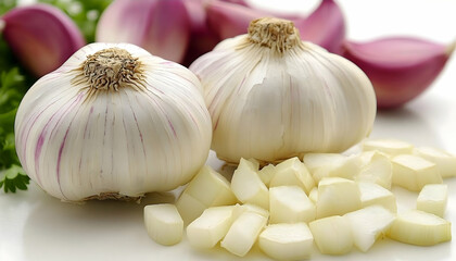 Garlic & Shallots Arrangement Two garlic bulbs with peeled shallots and diced garlic, against white backdrop. Stock for recipe blogs