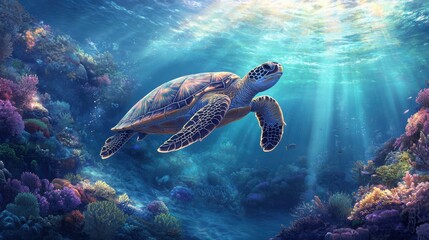 Obraz premium Majestic sea turtle gliding through vibrant coral reef under sunlit ocean