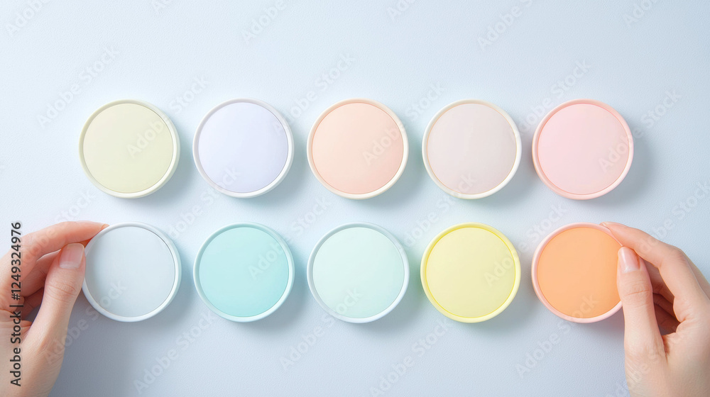 Aufkleber Soft pastel color palette with circular containers held by hands, showcasing community support and creativity