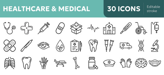 30+ healthcare icons including stethoscope, syringe, medical cross, heartbeat, pill, hospital, thermometer, wheelchair, IV bag, bandage, perfect for medical apps, websites, and presentations