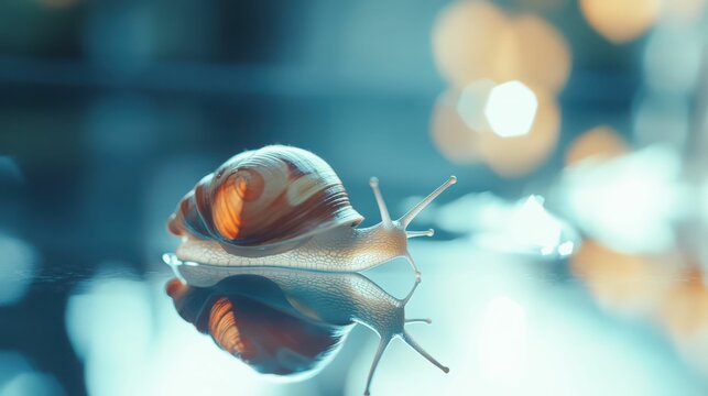 Close-up of a snail with spiral shell reflecting on a glossy surface