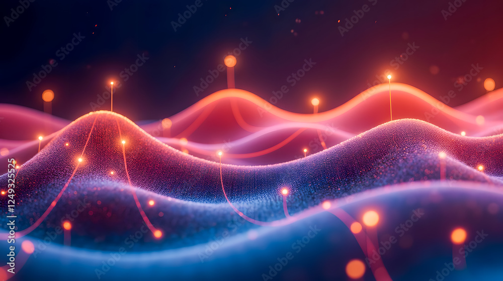 Poster abstract digital waves with glowing light particles creating a futuristic background for technology 
