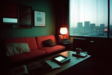 Stylish Red Living Room at Night with City View
