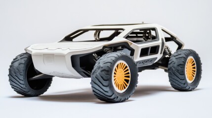 Sleek white off-road vehicle model with oversized tires showcased against a plain backdrop