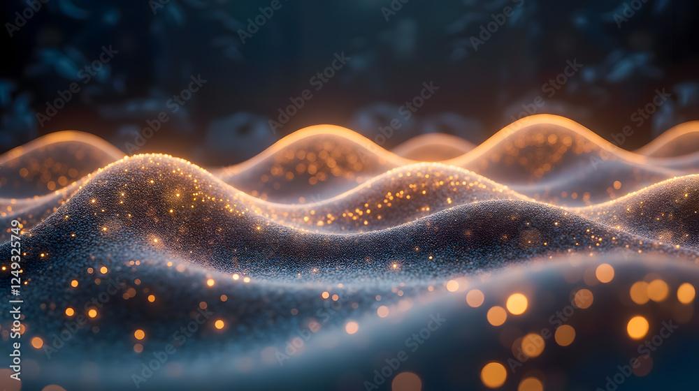 Poster abstract representation of glowing waves with sparkling particles creating a mesmerizing visual effe