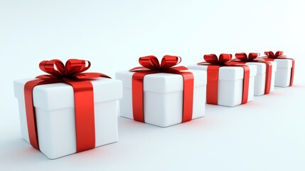 five white gift boxes with red ribbon bows