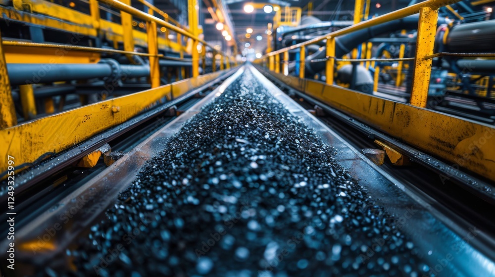 Poster a long conveyor belt carries black gravel through an industrial setting filled with machinery, demon