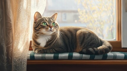 Tabby cat resting on sunlit windowsill with lace curtains and green eyes
