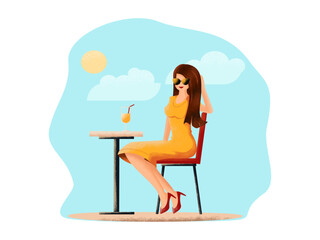 Illustration of a woman drinking a cocktail on a sunny day. Illustration reflecting vacation and relaxation. Vector.