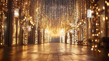 Beautiful golden festive lights hanging in an elegant city street, illuminating a pathway with bokeh effects. This photo symbolizes celebration, joy, and holiday spirit.