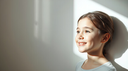 light photo of cute little girl smiling isolated on white background, free copy space