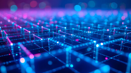 Fototapeta premium Abstract digital landscape with glowing cubes and illuminated grid pattern in vibrant pink and blue hues representing virtual reality and technological innovation
