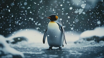 Fototapeta premium Emperor penguin in snowfall: majestic winter portrait