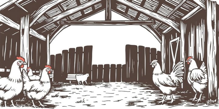 Chicken hen sketch on a poultry farm concept, animal, vector illustration, vintage