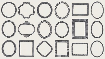 A collection of hand-drawn decorative frames in various shapes, ideal for showcasing artwork or photographs in a creative way.