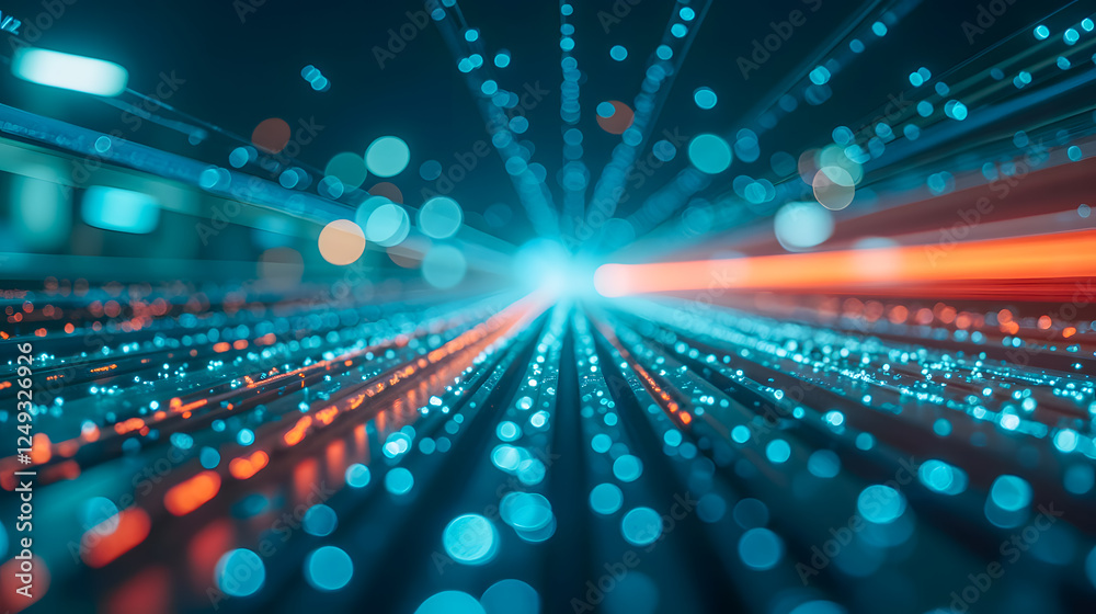 Poster abstract futuristic background showcasing vibrant blue and red light trails with bokeh effects creat