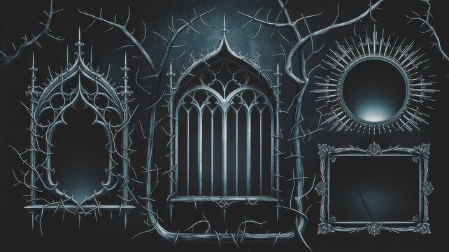 A dark and moody display of ornate, thorn-covered mirrors and frames, blending gothic elegance with an eerie atmosphere. Perfect for artistic inspirations.