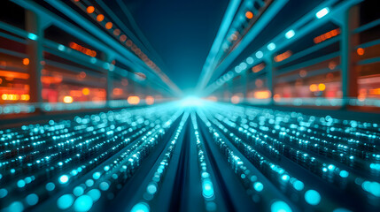 Obraz premium Abstract futuristic technology background with glowing blue dots and vibrant lights flowing in motion toward a bright center in a dark environment