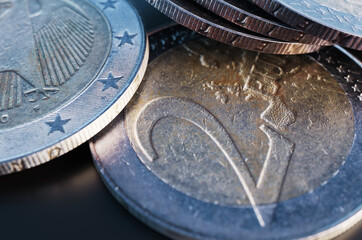 Close up of pile of two euro coins. 3d rendering illustration