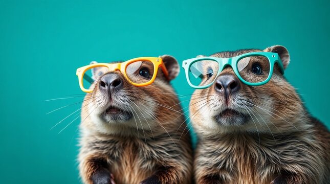 Two beavers in green and yellow glasses on clean teal green background
